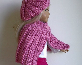 18" Doll Clothes Crocheted Doll Cape and Beret in Rose Pink Handmade to fit the American Girl and Other 18 Inch Dolls