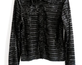 1990's Minimal velvet and sheer striped button up blouse