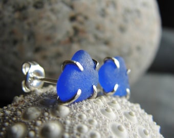 Sea glass studs / gift for her / blue sea glass jewelry / little sea glass earrings / tiny beach glass studs / sterling silver earrings