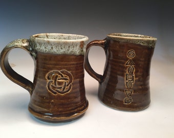 Pair of Stoneware Mugs in Amber Brown Drip Glaze