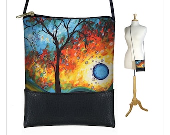 MadArt Sling bag, mini crossbody bag fits iPhone 6 Plus, small shoulder bag purse, Aqua Burn moon tree of life blue orange yellow black RTS