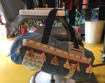 SALE !!Handmade big bag, shopping bag, vintage fabric, sport sac, sport bag,vintage denim bag , beach big bag, vintage jeans