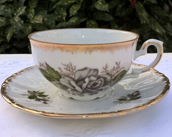 Kronester Bavaria teacup and saucer, vintage teacup with gray rose