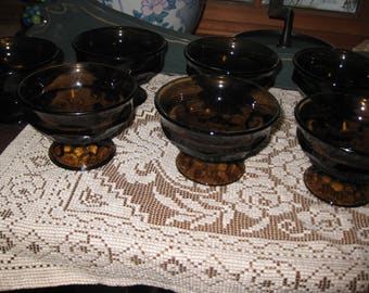BROWN SMOKED GLASS 7 Dessert Dishes Footed Dessert Cups Sherbet Cups 3" High 4 1/4" Across Top Thick Heavy Glass