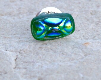 Dichroic Glass Tie Tack Stud or Lapel Pin Brooch - Oblong Textured Fused Layers in Shades of Iridescent Green - Silver Fitting - Gift Boxed