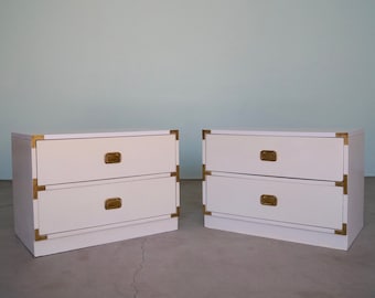 Pair of Lovely 1960's Vintage Campaign Nightstands in White & Brass!
