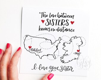 Custom card/ handmade card/ sister card/ sister birthday card/ bespoke card/ distance card/ map card