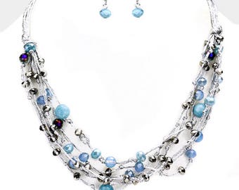 Multi Strand Multi Bead Bib Necklace Blue