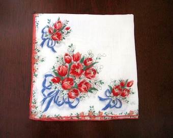 Mothers Day Handkerchief 1950s Red Roses with Blue Bows & Ribbons on White, Vintage Hanky, Chic Neckwear, Gift for Her