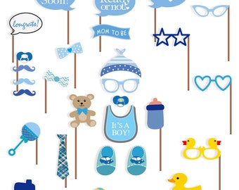 Baby Shower Photo Booth props, 29 pcs attached to the stick, NO DIY REQUIRED its a boy, baby shower decoration