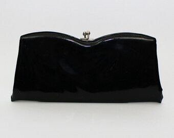 60s Black Patent Leather Clutch - Vintage Evening Bag - 1960s Black Handbag