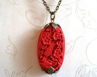 Red Bird Necklace, long chain, Christmas gift, carved bead, cinnabar pendant, holiday necklace