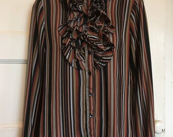 Vintages striped ruffle blouse/high collar/ 80's/ multi-colored/Victorian style /"secretary" style