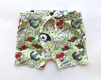 vintage style shorts/shark drawstring shorts/skulls/anchors