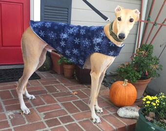 Greyhound Dog Coat, Extra Large Dog Coat, Navy Blue, & White Snowflake Print Fleece with Baby Blue Fleece Lining