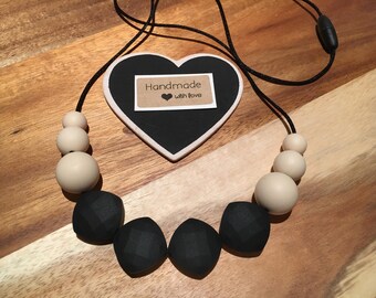 Silicone Necklace Australia Sensory Jewellery Breastfeeding Tool Mum Black Cream Beads BPA free Sensory Baby Gift Mono Modern Practical