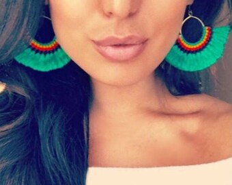 Kelly Green Tassel Hoop Earrings Tassel Hoop Earrings Large Gold Hoop Earrings,Green Tassel Earrings, Boho Earrings, Gypsy Hoops,Modern E004