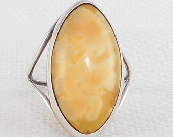 Vintage Sterling Silver Poland Egg Yolk Baltic Amber Ring Modernist Marquise Egg Yolk Baltic Amber Ring Big Size Baltic Amber Ring for Her