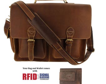 16 Inch Genuine Leather Laptop Briefcase Messenger Bag