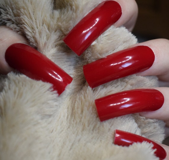 Bright Red Fake Nails, Long Curved False Nails, Hand Painted And Bright Red Fake Nails, Long Curved False Nails, Hand Painted And Decorated Press On Nails, Long Nails, Nail Designs, 20 Nails from PrettyUniqueNails on Etsy ... - Bright Red Fake Nails, Long Curved False Nails, Hand Painted And