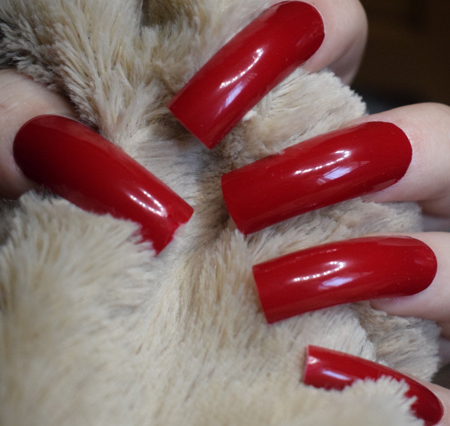 Bright Red Fake Nails, Long Curved False Nails, Hand Painted And Sold by PrettyUniqueNails - Bright Red Fake Nails, Long Curved False Nails, Hand Painted And