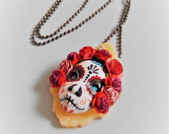 Catrina doll face dia de los muertos necklace pendant handmade