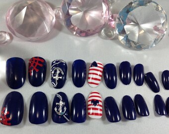 press on nails, fake nails, nautical nails, anchor nails, nail art, fake nail set, sailor nails, kawaii nails, stilletto nails, acrylic nail