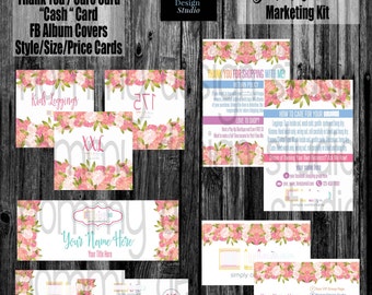 Business Marketing Bundle - HO APPROVED -Ho Fonts/Colors -Pink WaterColor Roses -Thank You Care Card, FB Banner/Covers, Numbers1-200, Cash