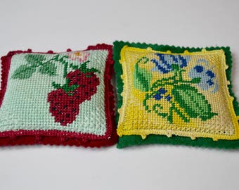 vintage needlepoint pincushion, set of two