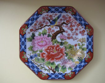 Vintage oriental octagonal porcelain plate, bird in the flower garden, made in Japan