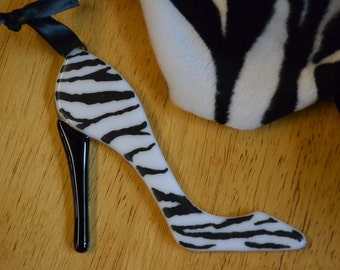 Zebra High Heel Shoe, Christmas Ornament, Fused Glass, Hand Painted