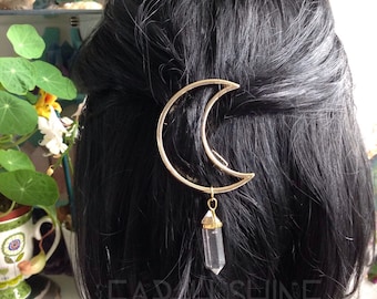 GOLD Moon Crystal hair clip, The ORIGINAL crystal Moon hair clip, crescent hair barrette with gemstone dangle (original design)
