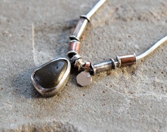 Beach Pebble Necklace • Silver and Copper Necklace • Beach Stone • Silver Beads • Artisan Necklace