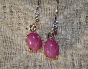 Star Ruby Earrings, Star Ruby & Diamond Simulant Earrings, Star Ruby Sterling Dangle Earrings, July Birthstone, Lab Created Star Ruby