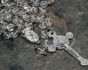 Czech Glass Rosary in Crystal/Clear; 5 Decade Rosary; April Birthstone; Catholic Rosary; Prayer Beads; April Rosary