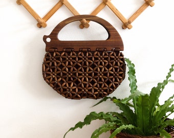 Vintage Boho Wood Beaded Purse Handbag With Wood Handles / Vintage Handbag / Boho Purse