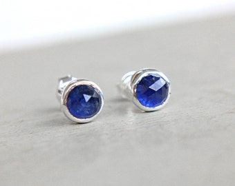 Blue Sapphire Studs Sterling Silver Little Tiny Blue Natural Rose Cut Sapphire Earrings 6mm Earrings Studs September Birthstone