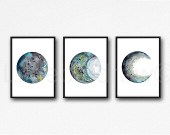 Moon Phase Print Set of 3 Black Gray Teal Moons Watercolor Prints Celestial Bedroom Wall Decor Wall Art Lunar Phases Home Decor Moon Print