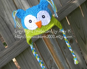 Blue and Green Owl Hat, Crochet baby boy hats, Newborn to 6 mnth, Baby Boy Owl Hats