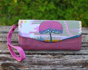 Enchanted Tree Necessary Clutch Wallet (NCW) with multiple interior pocket, card slots, cork leather base and wrist strap