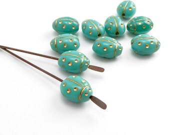 Turquoise Ladybird Czech Glass Beads, (10 pcs) 9x7mm Lady Bird Beads, Lady Bug Beads, Ladybug Beads, Insect Beads, Nature Beads ANM0114