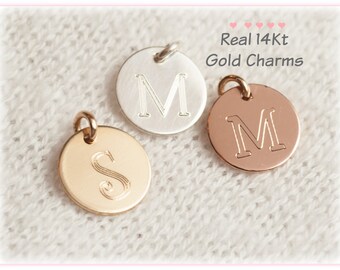 14Kt Gold Initial Charm, Real Gold Charm, Solid Gold Charm, Initial Necklace, Disc, Monogram, Real Gold Initial, Pendant, Personalized