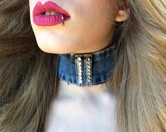 Blue denim choker, denim choker, blue denim necklace, distressed jean choker, rhinestone choker, blue jean choker, up-cycled denim jewelry