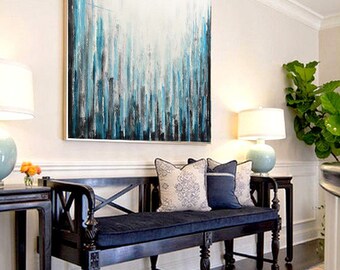 Original abstract art painting contemporary chalky white blue acrylic modern abstract fine art by L.Beiboer