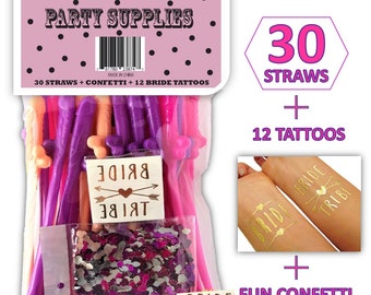 Penis - Dick Straws | Bachelorette Party Decorations | 30 Straws + Confetti Pack & 12 Bride Tattoo Pack - Perfect for Fun Bridal Party Favor