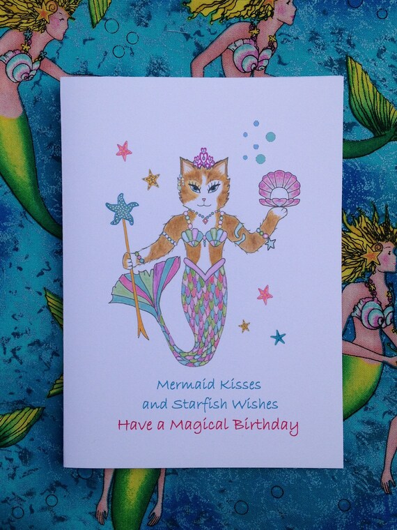 Mermaid Cat Birthday Card Birthday Mermaid Card Kitty