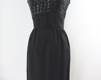 Early 1960s Black Crepe Wiggle Dress with Sequined Bodice