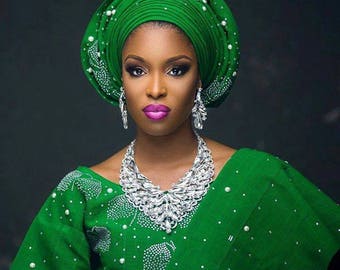 Embellished Aso-oke Fabric with option for Gele Headgear, Ipele Shoulder gear and Fully Embellished Aso-oke Iro & Buba for African Weddings.