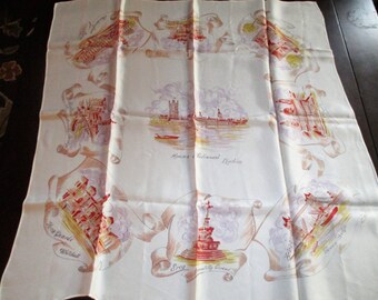 1960's London Souvenir Tourist Scarf Places Of Interest Buckingham Palace Big Ben Westminster Bridge 26 x 25 1/2