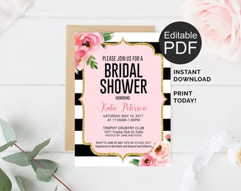 Kate Bridal Shower Invitation Template, Black Stripes Invitation, Spade Bridal Shower Invitations, Printable Bridal Shower Invite Editable